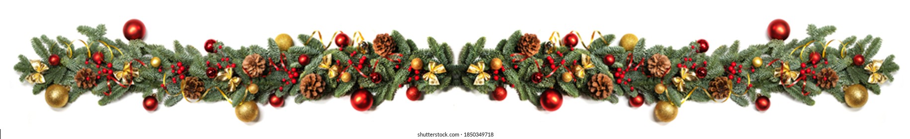 New Year and Christmas border design isolated on white background, fir tree branches ribbon bows golden and red decorative baubles and pine cones traditional design - Powered by Shutterstock