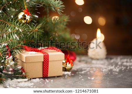 New Year or Christmas Gift Box with Red Ribbon.