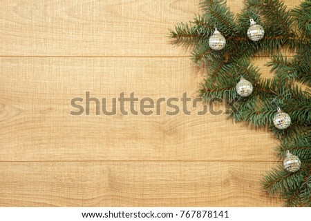 New Year / Christmas tree with sheeny balls on the wooden background template