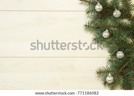 New Year / Christmas tree with sheeny balls on the wooden background template