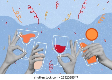 New year collage of people hands holding beverages clinking celebrate twelve hours countdown on festive background