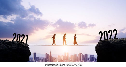 New year concept of 2022. Tightrope walking people. New year card.