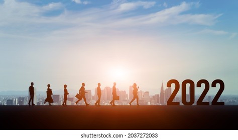 New year concept of 2022. Walking group of people. New year card.