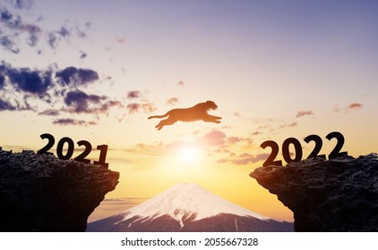 New year concept of 2022. New year's card. Jumping tigar.