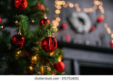 New Year Cozy Home Interior With Christmas Tree And Garlands