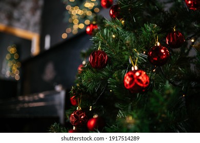 New Year Cozy Home Interior With Christmas Tree And Garlands