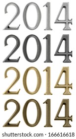 New year design elements - numbers 2014 of gold, silver, solid brass and black metal colors, isolated over white background 