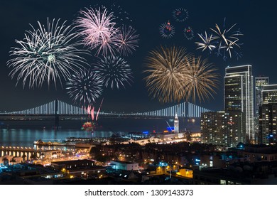 New Year Fireworks At Bay Bridge San Francisco USA