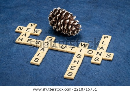 New Year goals, resolutions, intentions, plans and wishes crossword against textured handmade paper with a decorative frosty pine cone, goal setting and personal development concept