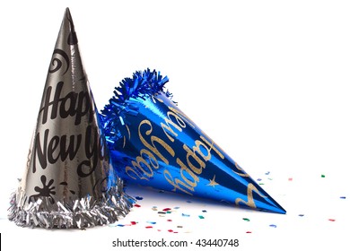 New year hat and confetti on white background