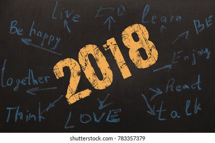 New Year Resolution 2018 Goals Written On A Blackboard