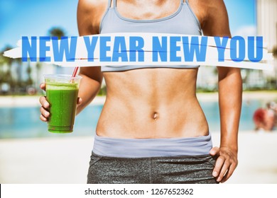 New Year Resolution For 2019 : Getting In Shape With Fitness And Diet. Fit Woman With Abs Flat Stomach Eating Drinking Green Smoothie.