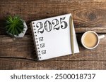 New year resolutions 2025 on desk. 2025 goals list with notebook, coffee cup, plant on wooden table. Resolutions, plan, goals, action, checklist, idea concept. New Year 2025 resolutions, copy space