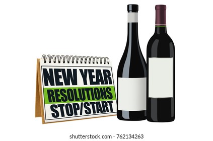 New Year Resolutions Start/Stop Wine Bottles White Background