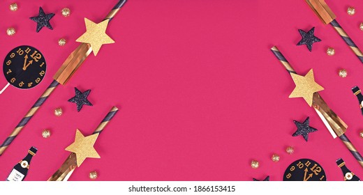 New Year Silvester Celebration Banner With Golden, Black And White Striped Paper Stars And Champaign Flute And Clock Paper Decoration On Pink Background With Copy Space In Middle