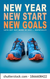 New Year, New Start Business And Health Resolution Concept For 2021. Front View Of Blue Trainers On A Blue Background.