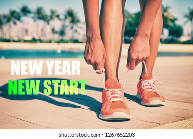 New Year New Start Fitness New Year Resolution Runner Woman Tying Up Laces Of Running Shoes Getting Ready To Run For Weight Loss. Athlete On Summer Beach