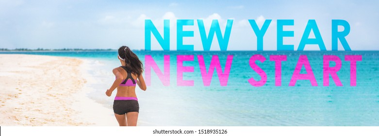 NEW YEAR NEW START Panoramic Banner Motivational Inspirational Quote For New Year 2020 Resolution In Fitness Quote. Happy Fit Woman Running For Weight Loss Challenge Panorama.