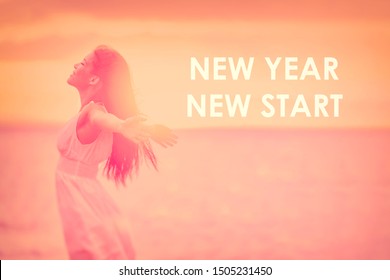 New Year New Start Resolution For 2020 Woman Feeling Happy Emotion Free In Sunset Freedom With Text NEW YEAR NEW START On Red Dusk Color Copy Space Nature Beach Background.