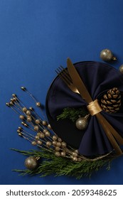 New Year Table Setting On Blue Background.