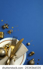 New Year table setting on color background 