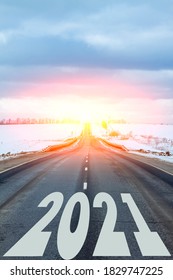 New Year Theme. The Year 2021 Is Written On The Road. All The Good Is Ahead.