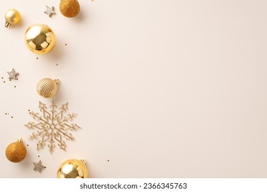 New Year Wishes! Top-view photo of chic tree decorations, golden ornaments, sparkling stars, snowflakes, sequins on a gentle pastel base, awaiting your message or advertising - Shutterstock ID 2366345763