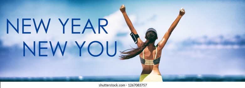 New Year New You Fitness Banner Background - Active Lifestyle Change Woman Winner With Arms Up In Success Of Weight Loss Achievement.Fit Goal Concept. Panoramic Header.
