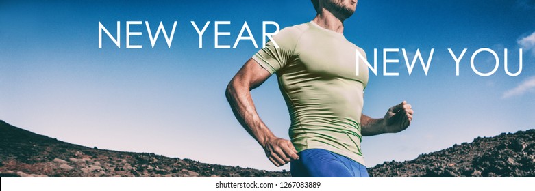 New Year New You Fitness Resolution For Man - Banner Panorama Crop Of Athlete Runner Running For Weight Loss Concept, Goal Achievement In Training.