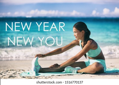 New Year New You Motivational Quote Message On Beach Background. Asian Woman Training Stretching On Yoga Mat For Fitness Resolution Goal.