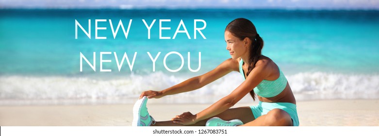 New Year New You Resolution Inspirational Quote Message On Beach Background. Asian Woman Training Stretching On Yoga Mat For Fitness Goal. Banner Panorama Background.