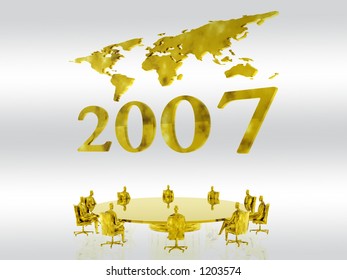 New years 2007 with a world map in the background, a new fiscal year.  Clipping path, financial, teamwork, economy concept.