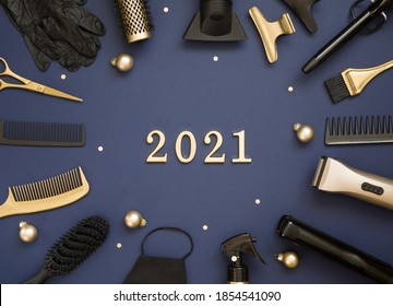 New Year's Banner With Hairdressing Tools, Christmas Balls And Numbers 2021. Gold And Black Hair Salon Accessories On A Blue Background.