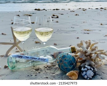 New Years at the Beach 2022 Champagne, wine, seashells, coral, NYE