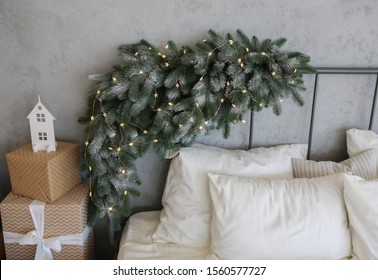 New Year's And Christmas! Beautiful Christmas Decorations In A Loft Apartment. Christmas Tree And Holiday Garlands.