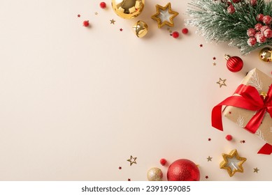 New Year's delight in every detail! Top view craft paper giftbox, baubles, star shaped candles, mistletoe, frosted fir branch, confetti form cheerful scene on pastel beige, ready for your holiday text - Powered by Shutterstock