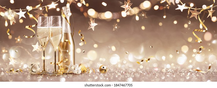 New Years Eve Celebration Background With Champagne And Confetti. Golden Holiday Party