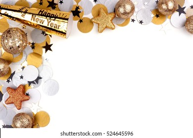 New Years Eve Corner Border Of Confetti And Decor Isolated On A White Background