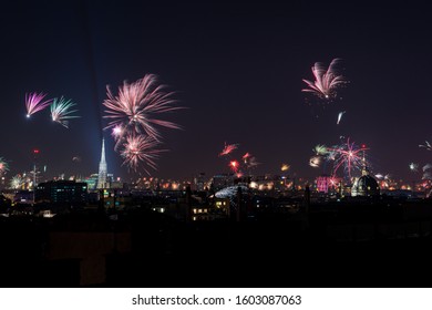 New Years Eve Fireworks Over Vienna, Austria With St. Stephen's Cathedral And St. Charles Church