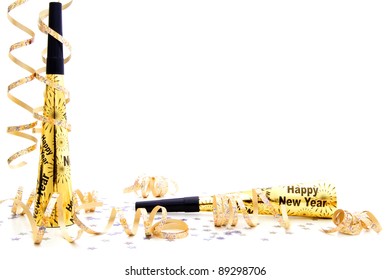 New Years Eve Party Noisemaker Border With Confetti And Streamers Over A White Background