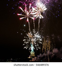 New Years Eve In New York City. Fireworks With The Statue Of Liberty.