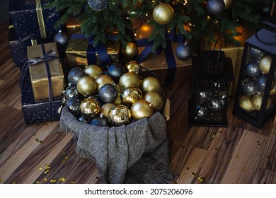 New Year's gifts and decorations under the Christmas tree. New Year and Christmas. New Year's holidays.