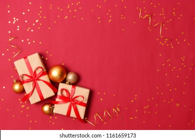 New Year's Gifts, Sweets And Festive Ribbons On A Colored Background. Holiday, Giving, New Year, Christmas, Birthday