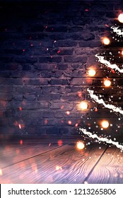 New Year's Loft, Light Object, Interior Decor, Against The Background Of An Old Brick Wall With Sparks Of Light. Abstract Dark Background, Night View. Christmas Tree With Lights, Glare, Smoke.
