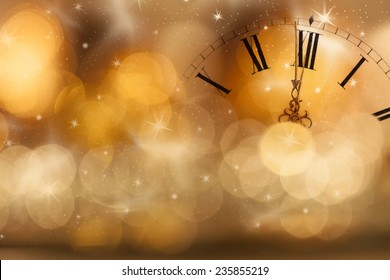 New Year's At Midnight - Old Clock With Stars Snowflakes And Holiday Lights