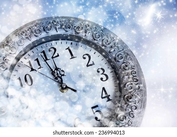 New Year's At Midnight - Old Clock In Snow