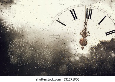 New Year's At Midnight - Old Clock With Fireworks And Holiday Lights