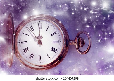 New Year's At Midnight - Vintage Photo Of Old Clock With Stars And Snowflakes 