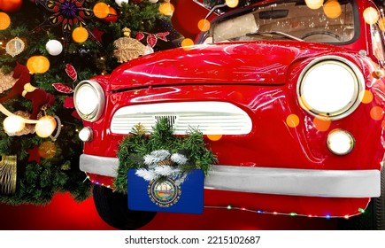 New Year's Red Car With The Flag Of State Of New Hampshire Against The Backdrop Of A Colorful Christmas Background