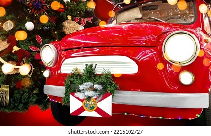 New Year's Red Car With The Flag Of State Of Florida Against The Backdrop Of A Colorful Christmas Background